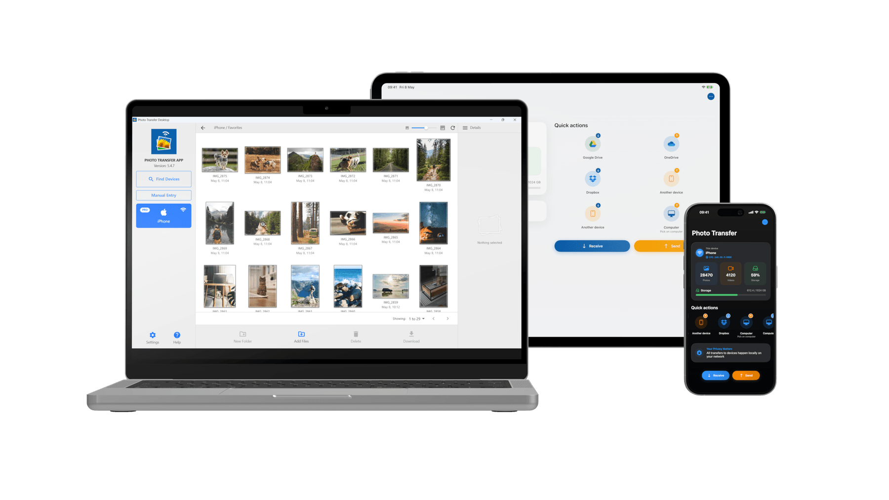 Photo Transfer App running on iPhone, iPad, and MacBook — photos transferring between devices over local WiFi