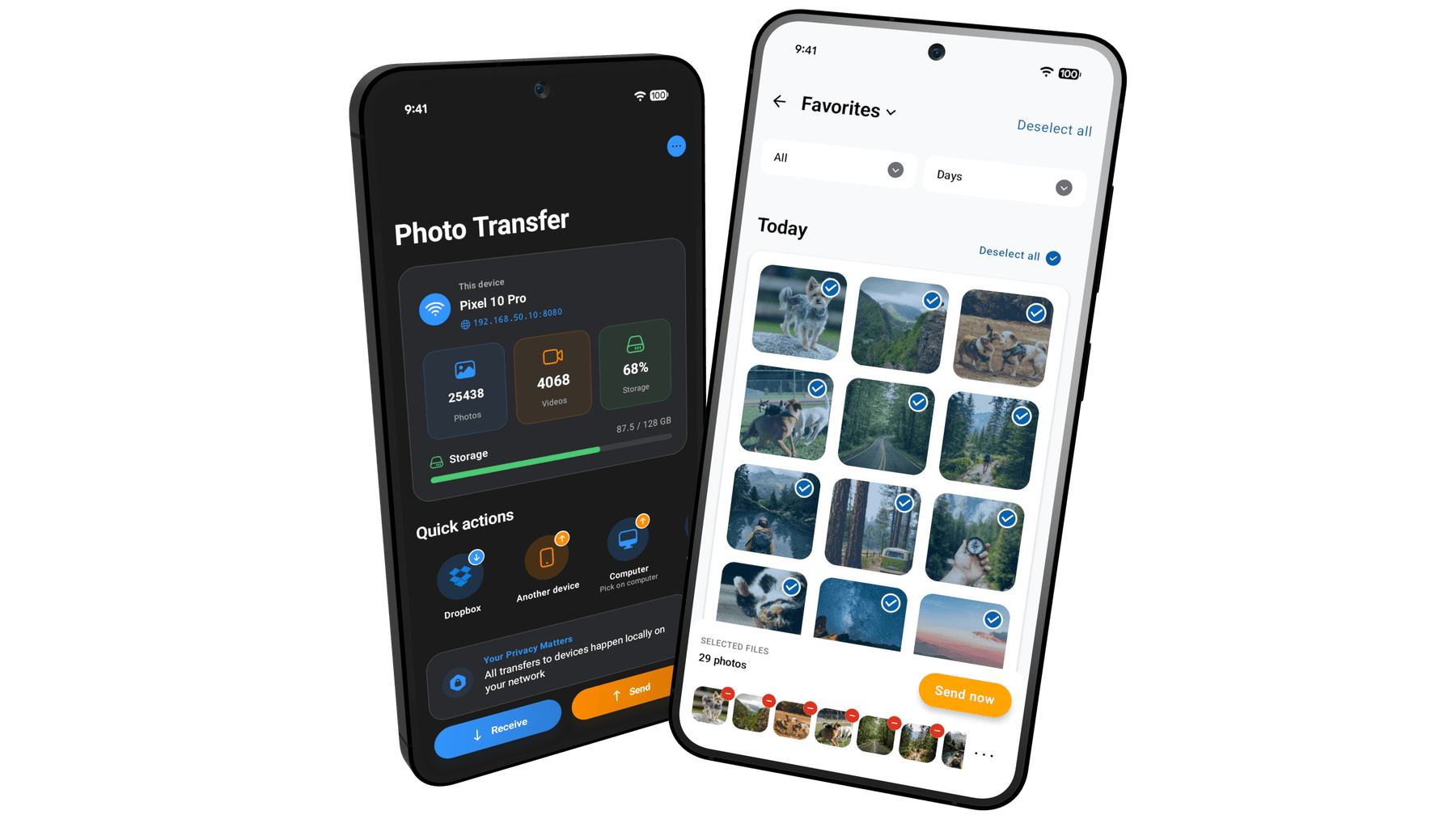 Photo Transfer App running on Pixel and Samsung Galaxy phones — sending photos over local WiFi between any Android devices
