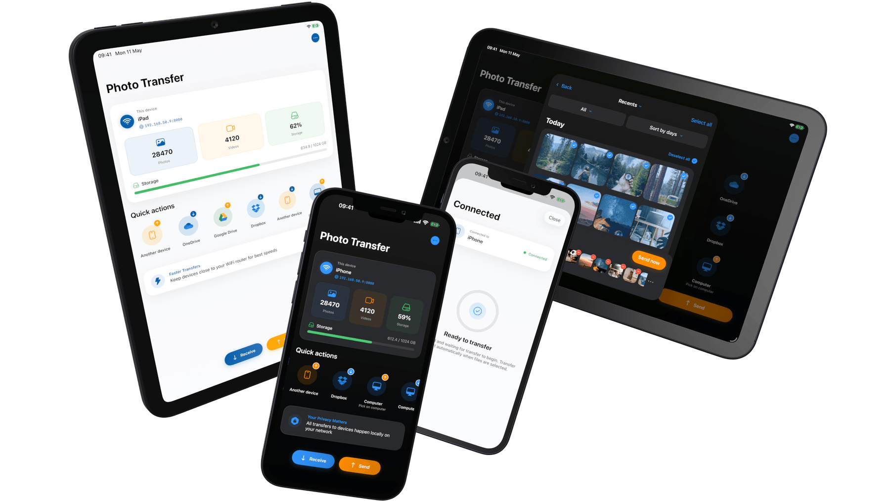 Photo Transfer App running on iPhone and iPad — universal iOS app for sending photos over local WiFi