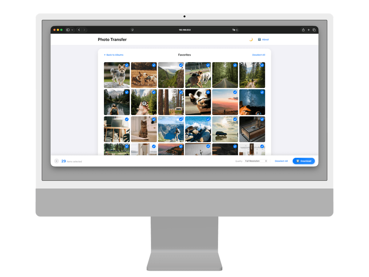 A laptop browser window showing photos being transferred from a phone over local WiFi — no app install needed