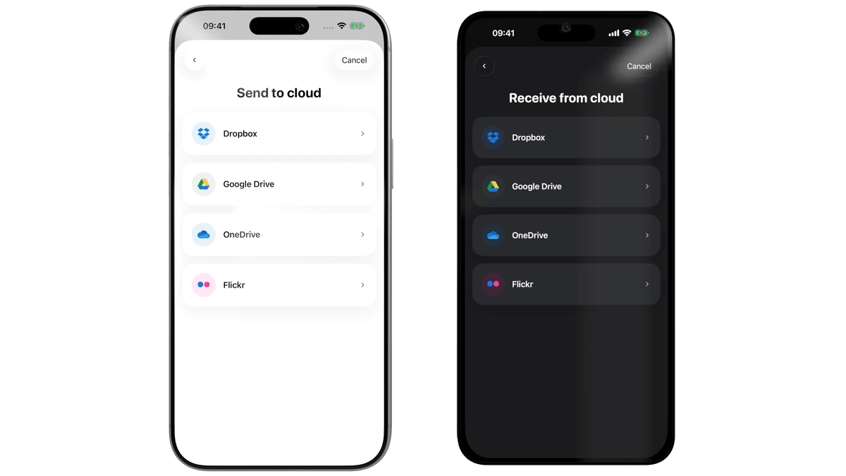 Photo Transfer App showing the cloud-service chooser — Dropbox, Google Drive, OneDrive, and Flickr