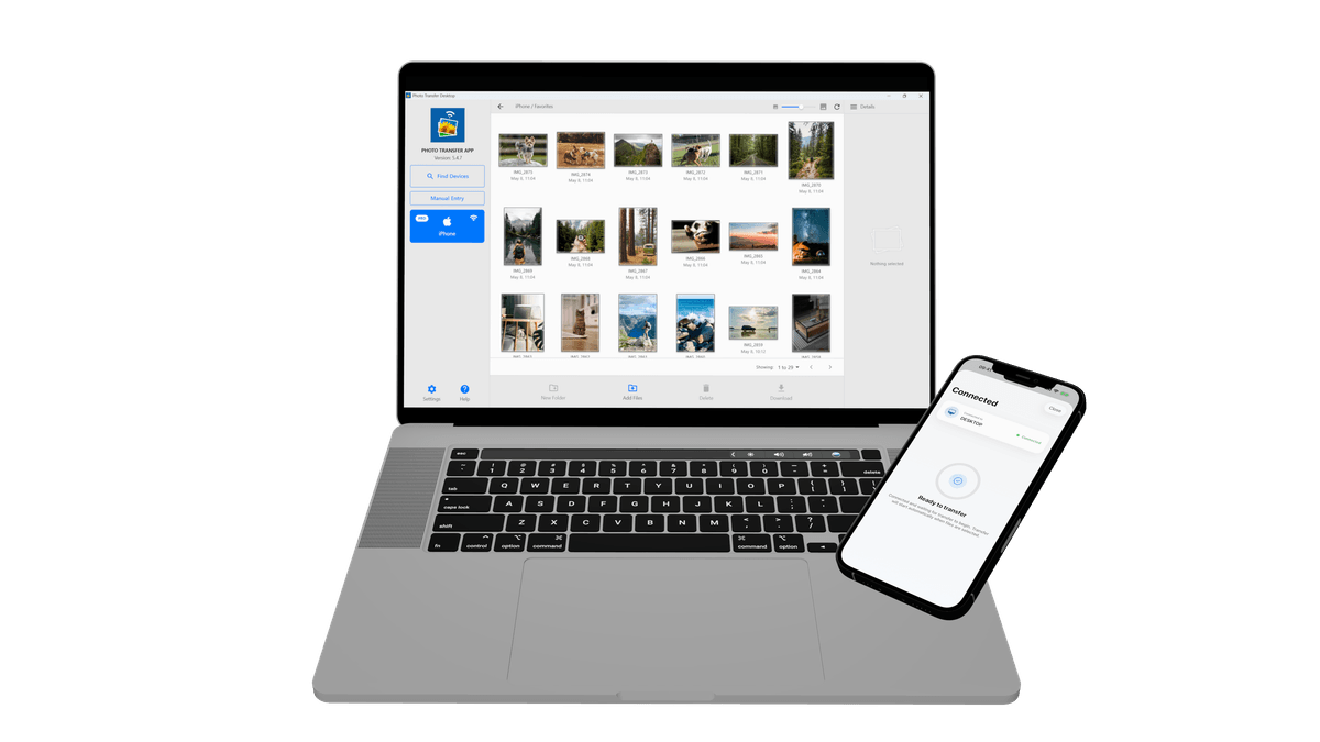 Photo Transfer App on iPhone sending photos to the desktop app on a MacBook