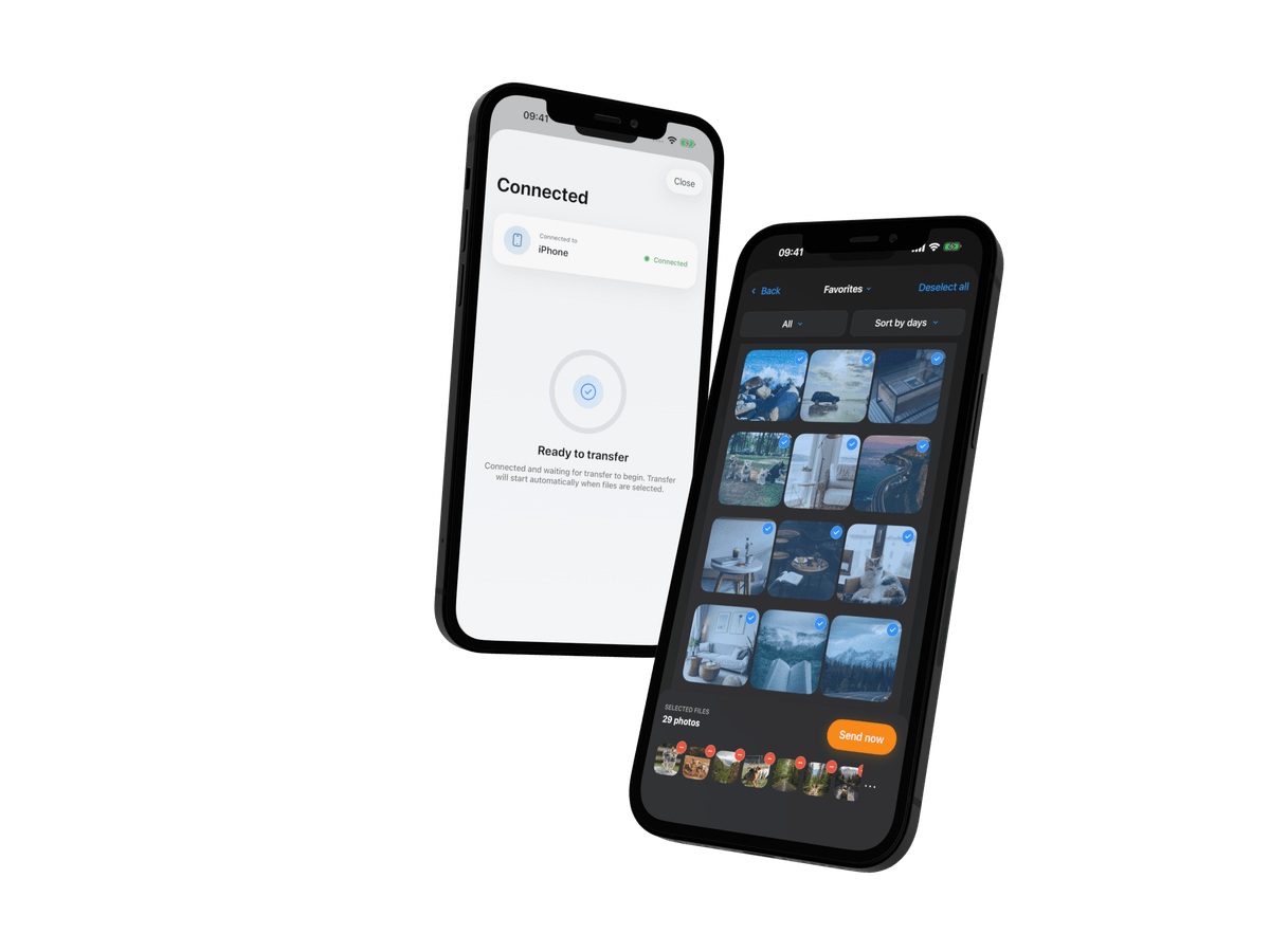 Photo Transfer App on two phones — iPhone and Android — discovering each other over WiFi